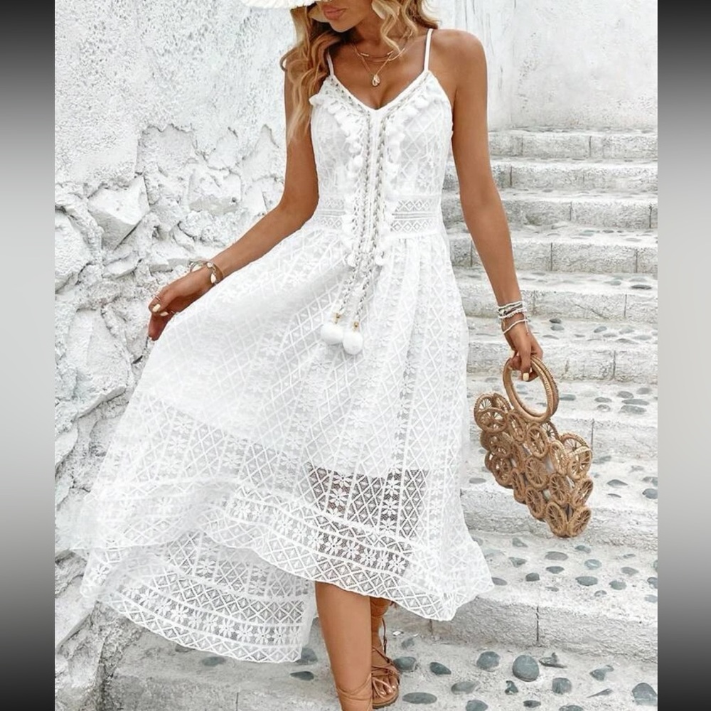 White Guipure Sheer Mesh Lace Tassel Cami Dress Boho - Picture 5 of 6